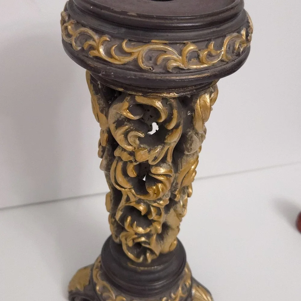 Brown & Gold Ornate Carved Scroll Pillar Candle Holders (Set of 2)